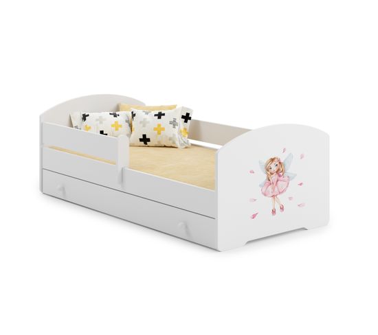 Lit Enfant 160x80 Cm Avec Matelas, Tiroir Et Protection Antichute, Princess, Blanc, Lukas