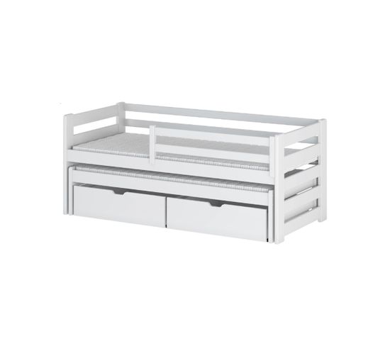 Lit Simple 90x200 + Gigogne 90x190, 2 Matelas, 2 Tiroirs, Protection. Bois Blanc. Lene