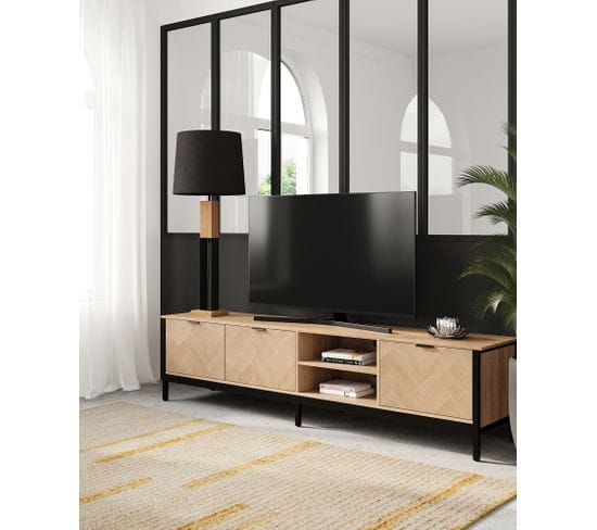 Meuble TV 3 portes L.190 cm OMALLEY 2 imitation chêne sonoma et noir