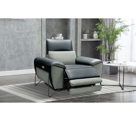 Fauteuil relax électrique électrique KENSINGTON cuir et tissu gris foncé