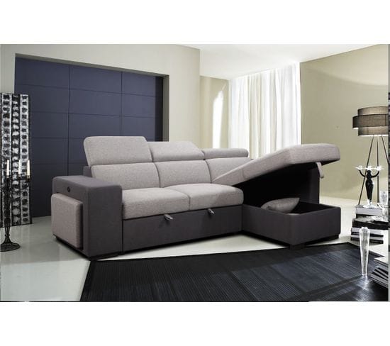 Canapé convertible avec coffre de rangement intégré RICKY tissu gris foncé et gris clair