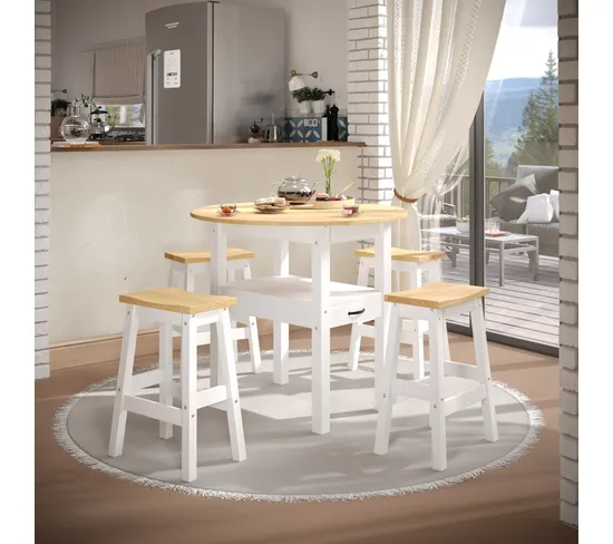 Table avec 4 tabourets JANE 2 Bois massif et blanc