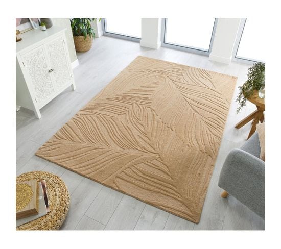 Tapis En Laine Effet 3d Uni Salon Lino Leaf Terre 120x170