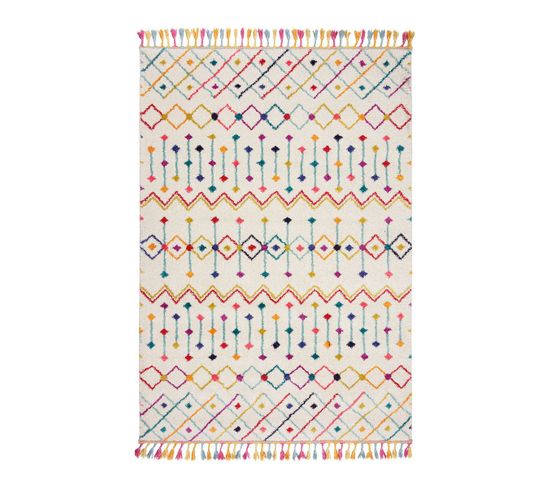 Tapis Berbère Avec Franges Ethnique Rectangle Prairie Crème 160x230