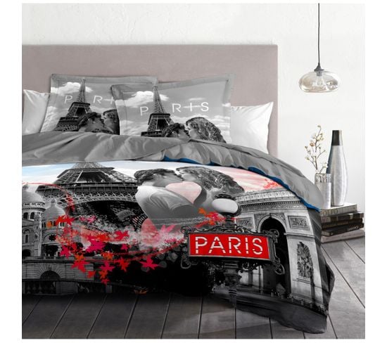 Dream In Paris Parure De Couette 100% Coton - Gris - 220x240 Cm