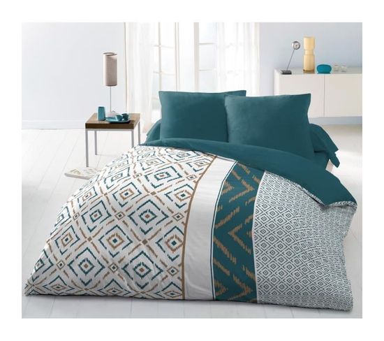 Parure De Couette Microfibre Ethno 220x240 cm Et 2 Taies D'oreillers 63x63cm - Bleu Canard