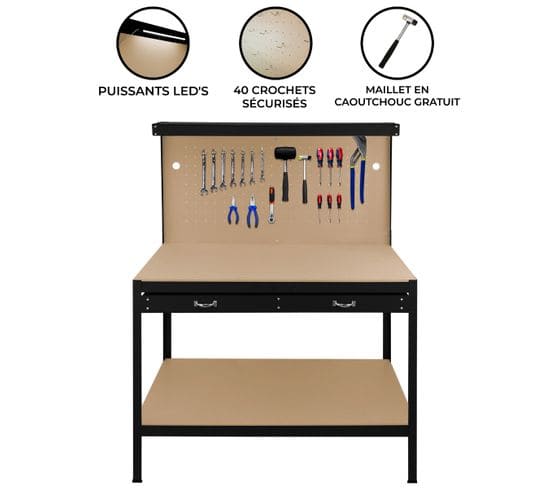Etabli De Travail 120 Cm à Tiroir et LED - Noir