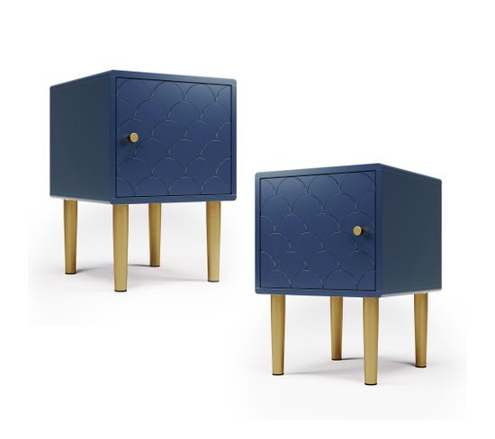 Chevet 1 Porte Massif Bleu En Bois Avec Pieds En Chêne *2