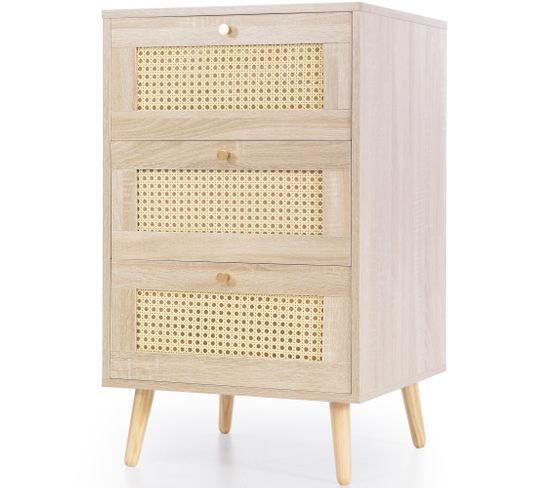 Commode 3 Tiroirs Façade En Cannage Rotin Naturel