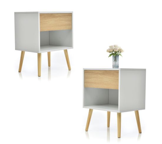 Lot De 2 Table De Chevet Avec 1 Tiroir En Bois Imitation Chêne Clair Et Blanc 44 X 33 X 56cm