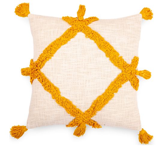 Coussin Carré Design Boho Bali En Coton Housse + Remplissage - Olra Jaune