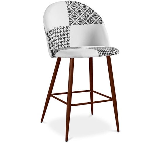 Tabouret Tapissé Patchwork - Style Scandinave - Noir Et Blanc - 63cm- Bennett Blanc / Noir