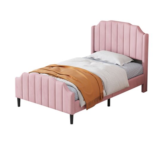 Lit Enfant 90 X 200 Cm Avec Tête De Lit, Pied De Lit Et Sommier, Velours Rose