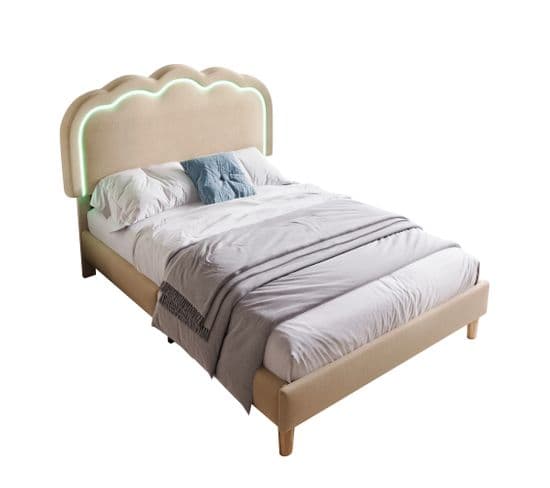 Lit Enfant 90 X 200cm Avec Tête De Lit Réglable En Hauteur Et LED Lin Beige