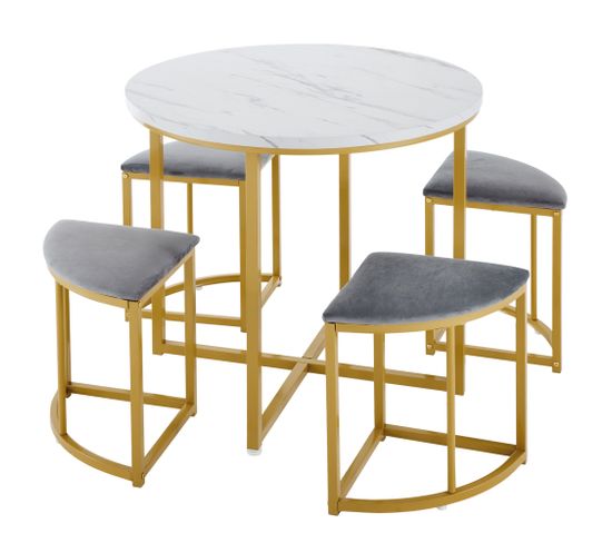 Ensemble Table Et Assise Avec 1 Table Ronde Et 4 Tabourets En Forme D'éventail Gris