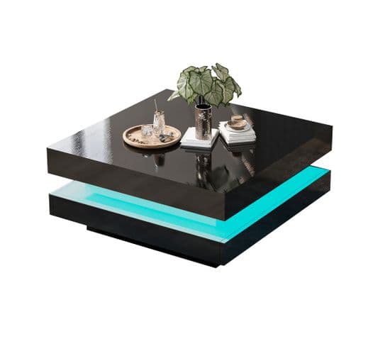 Table Basse Carrée Noir Avec Led, 70x70x36 Cm