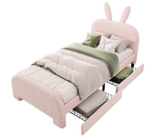 Lit Enfant 90x200cm Avec 2 Tiroirs Et Tête De Lit En Forme D'oreilles De Lapin Rose