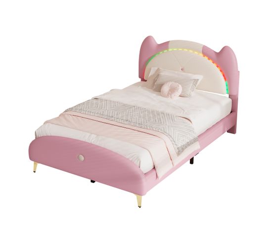 Lit Enfant 90x200cm Avec Sommier Et LED, Pu Beige + Rose