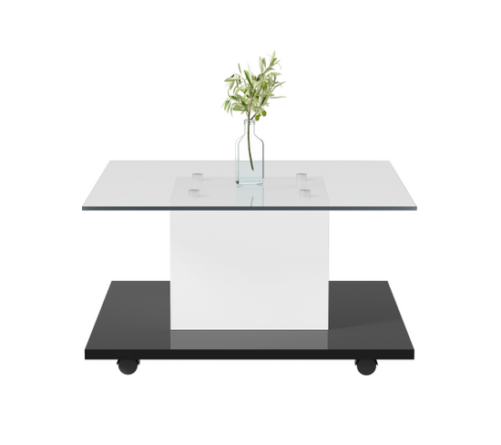 Table Basse Brillante Avec LED, Plateau En Verre Et Roues Pivotantes Amovibles