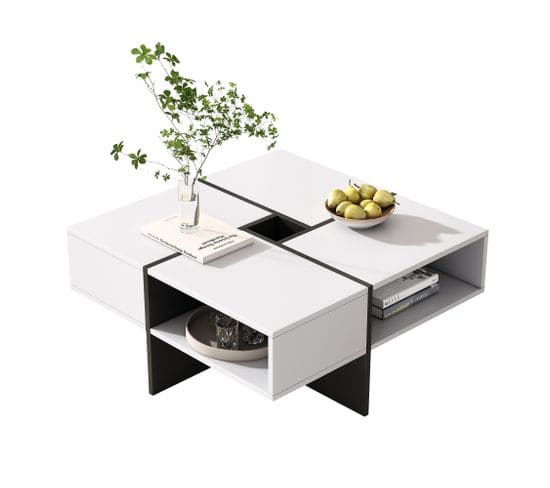 Table Basse Carrée Avec 5 Niches Et Compartiment De Rangement Central Blanc