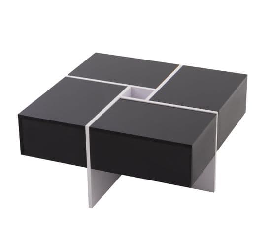 Table Basse Brillante Carrée Avec Compartiment De Rangement Intégré Et 4 Tiroirs Noir