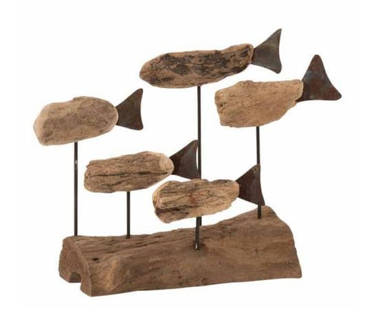 Statue Déco En Bois "5 Poissons" 35cm Naturel