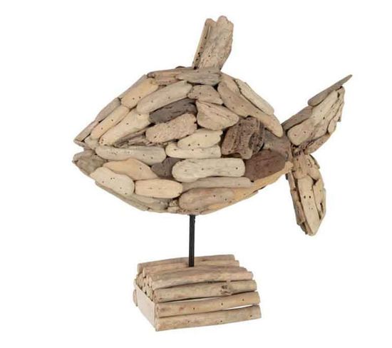 Statuette Déco Bois "poisson Sur Pied" 40cm Beige