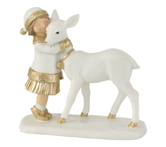 Statuette Déco "enfant Avec Renne" 16cm Blanc