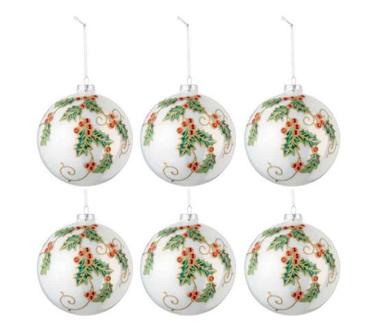 Lot De 6 Boules De Noël "houx" 8cm Blanc Et Vert