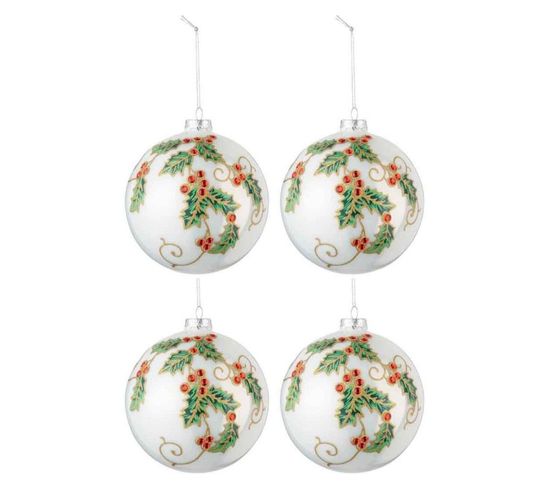 Lot De 4 Boules De Noël "houx" 10cm Blanc et Vert