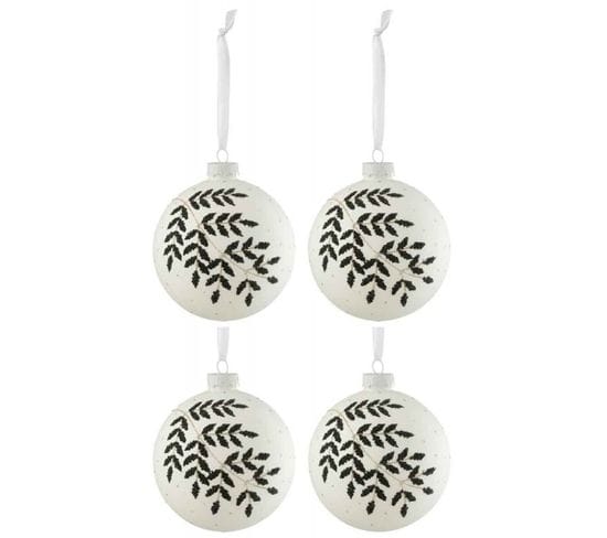 Lot De 4 Boules De Noël "feuilles Paillettes" 10cm Blanc