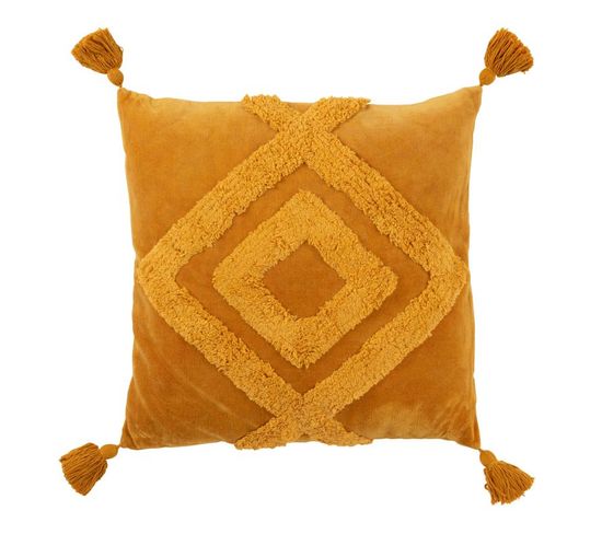 Coussin Déco Pompons "happyful" 63x63cm Ocre