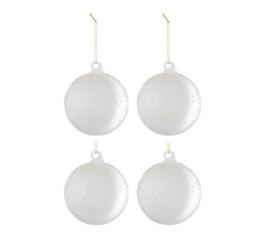 Lot De 4 Boules De Noël Givrées "feuilles" 10cm Blanc