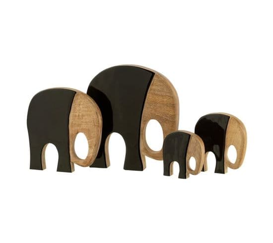 Lot De 4 Statuettes En Bois "éléphants" 27cm Noir