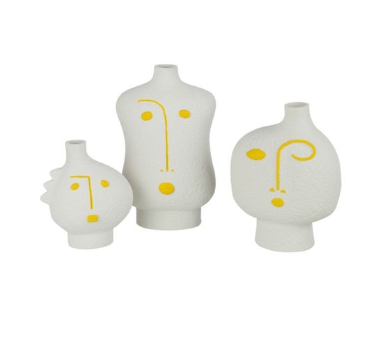Lot De 3 Vases Visages "pop Art" 22cm Blanc et Jaune