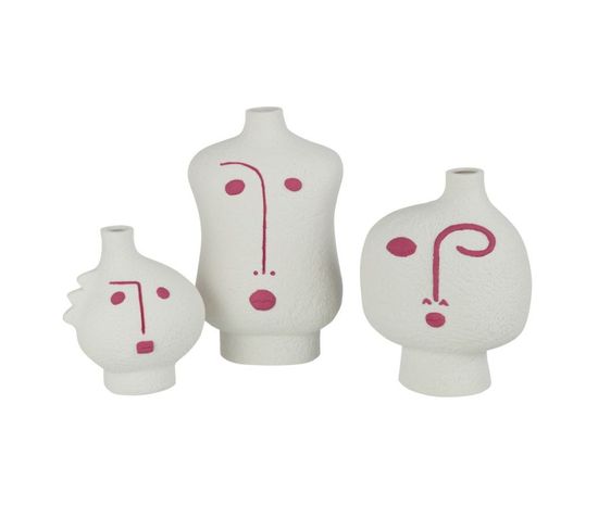 Lot De 3 Vases Visages "pop Art" 22cm Blanc et Fuchsia