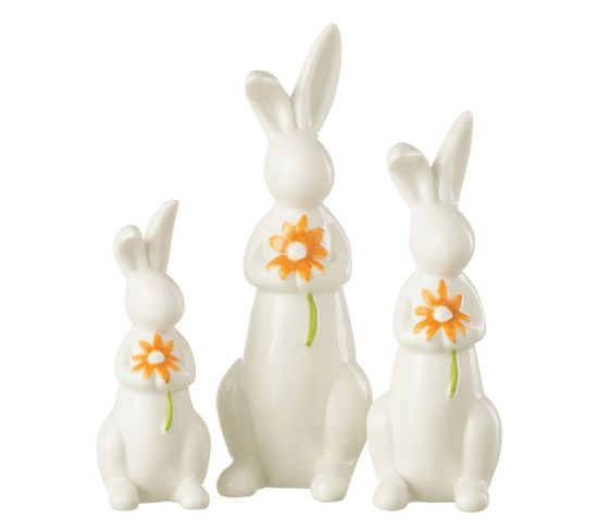 Lot De 3 Statuettes Lapins "fleurs" 23cm Blanc et Orange