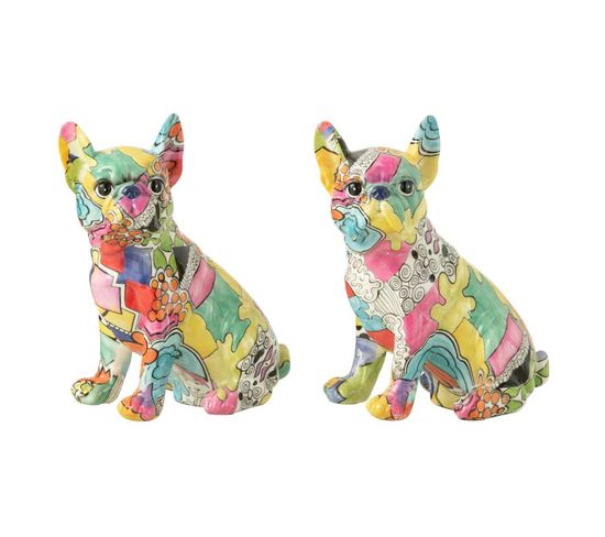 Lot De 2 Statuettes "bulldogs Assis" 20cm Multicolore