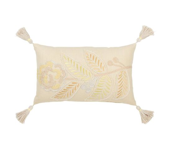 Coussin Déco à Pompons "champêtre" 30x50cm Jaune Clair