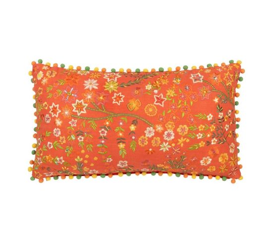 Coussin Déco à Pompons "fleurs" 35x65cm Orange