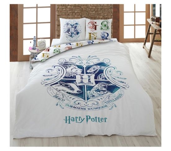 Parure De Lit Double Réversible Harry Potter - Blason Hogwarts - Les 4 Maisons - Blanche Et Bleue -