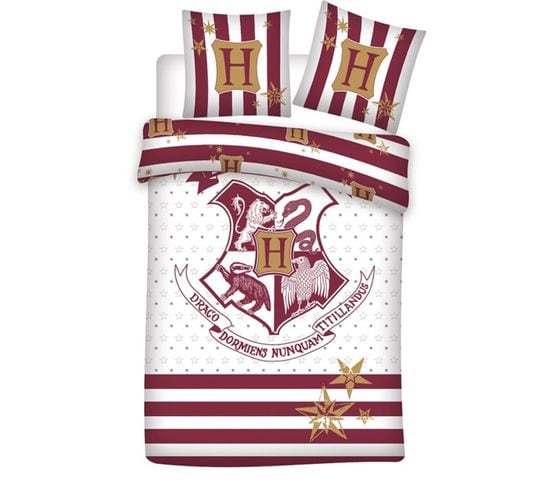 Parure De Lit Réversible Harry Potter - Blason Hogwarts - Blanche Et Rouge - 140 Cm X 200 Cm