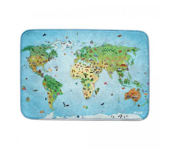 Tapis Enfant 70x95 Doux Mappemonde Bleu