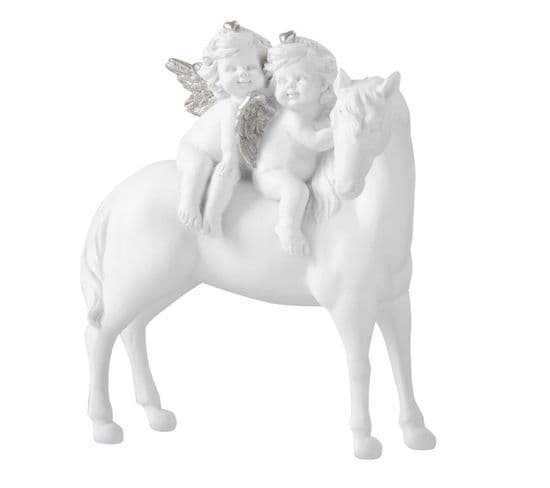 Statuette Design "cheval et 2 Anges" 18cm Blanc