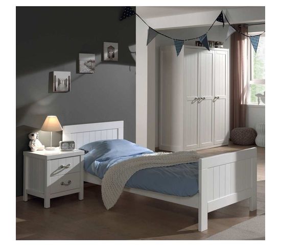 Pack - Lit Enfant, Sommier, Chevet et Armoire "lewis Ii" 90x200cm Blanc