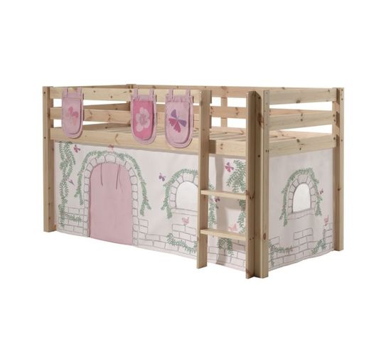 Pino  Lit Mi-Haut Compact Pin Massif Naturel + Rideau De Lit Birdy + 3 Pochettes Birdy