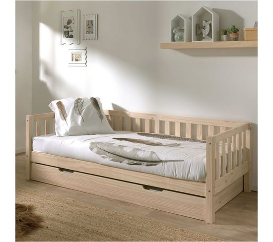 Pack - Lit Capitaine Enfant et Tiroir "fritz" 90x200cm Naturel