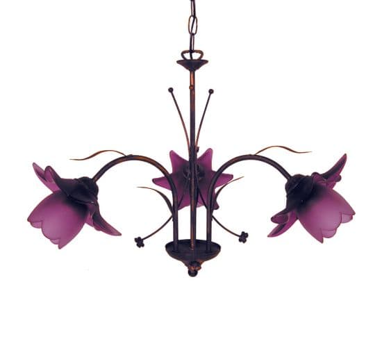 Lustre 3 Bras Métal Marron Or 80 Verre Violet 80 Cm..