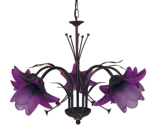 Lustre 5 Bras Métal Marron Or Verre Violet 80 Cm..