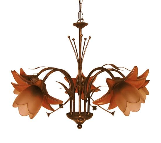 Lustre 5 Bras Métal Marron Or Verre Orange80 Cm..